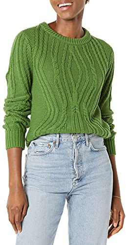 Amazon Essentials Women's Regular Fit Cotton Cable Knit Crewneck Jumper, Green, L