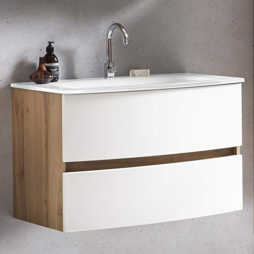 Lomadox Badezimmer Waschtisch 80 cm Wotaneiche Nb. mit matt weiß inkl. Glaswaschbecken weiß, BxHxT: ca. 80x53x49 cm