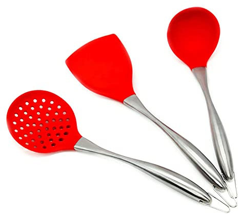 MARUKO Wok Besteck Silikon, Wok Zubehör, Wok-Pfannenwender und Schöpflöffel, Küchenhelfer-Set, 34 cm Pfannenwender für Wok, Chinesisches Wok-Utensilien-Set, Edelstahl 304 (Rot)