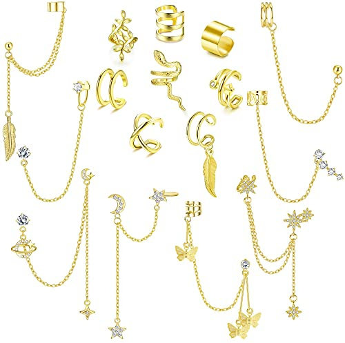 MILACOLATO 16 Uds Pendientes Mujer Ear Cuff de Manguito de Oreja, Pendientes de Cadena con Clip en Cartílago de Hélice Pendiente de Manguito Envolvente no Perforado Ajustable Oro