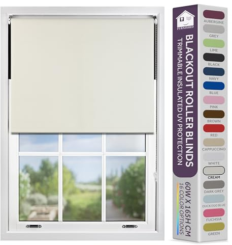 FURNISHED Blackout Roller Blind with Metal Fittings Trimmable Insulated Thermal Fabric Heavy-duty Easy Install Brackets Window Roller Blinds - Cream, 100W x 165H cm