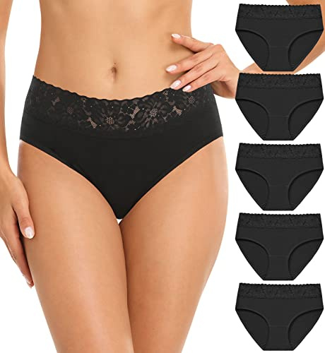 Wealurre Cotton Underwear Women Lace Waistband Full Briefs Ladies High Leg Knickers for Women Soft Stretch Panties Multipack 5 (Large, Black)