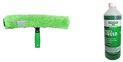 UNGER 79020 MicroStrip Window Washer Sleeve 35cm with ErgoTec T-bar Handle, Green & FR100 Window Cleaning Liquid Soap - Smear Free Window Glass Cleaner 1L