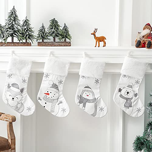 HGUIM 4-pack vita julstrumpor 49 cm stora julstrumpor med vit plysch fuskpäls manschett hängande strumpa godis presentpåsar för jul familjefest dekoration