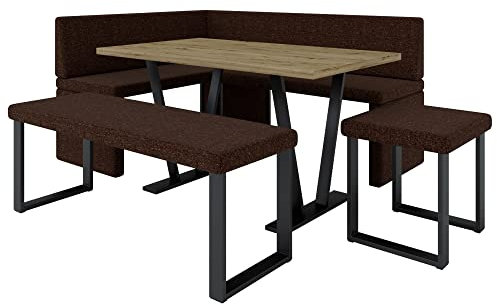 Eckbank Akiko Metal mit Tisch und Bänken - Eckbankgruppe für Ihrem Esszimmer, Küche modern, Sitzecke, Essecke. Perfekt für Küche, Büro und Rezeption. Solide Verarbeitung (INARI 28, 196x142 Links)