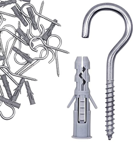 SKIR'CO (50 Stück verzinkte Schraubhaken mit 6 x 30 mm Kunststoff-Erweiterungsdübel, Deckenhaken