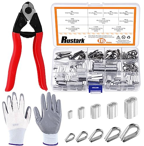Rustark 117Pcs 8 Inches Steel Wire Rope Cutter with Aluminum Crimping Loop Sleeves and Stainless Steel Cable Thimble Assortment Kit for Wire Rope Bike Brakes Cable