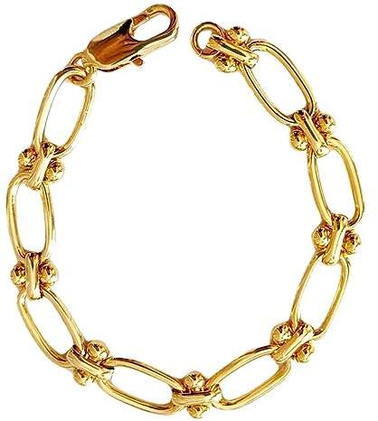 GOLDENCAT Pulsera Chain Loops Long, Pulsera de Latón Dorado, Pulsera de Eslabones Largos, Pulsera de Mujer, Accesorio de Joyería, Longitud de pulsera extendida 17.5 cm, Latón, Baño Oro 14k