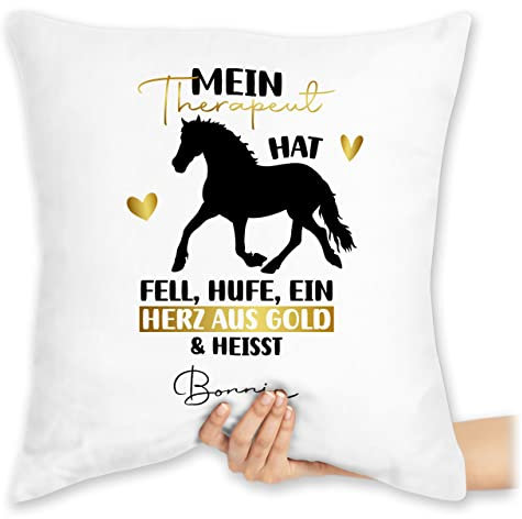 Kissen 40x40 Zierkissen - Pferd Pferde - Mein Therapeut hat Fell, Hufe und ein Herz aus gold - 40 x 40 cm - Weiß - pferdekissen reiter fell bezug name pferdeliebhaber mädchen pferdemotiv