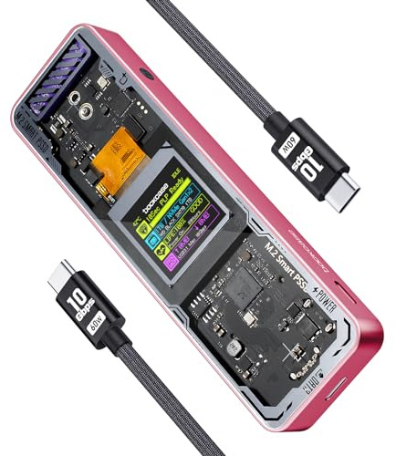 DOCKCASE Explorer Edition Smart Case SSD M2 Protezione di Alimentazione di 10s, Rilevamento della salute dell'SSD, Doppie Porte USB-C 3.2 Gen 2 (10Gbps) NVMe Case Supporta NVMe SSD fino a 4TB (Rosa)