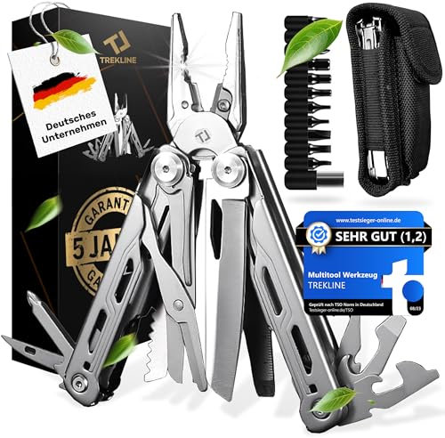 TREKLINE Premium Multitool Werkzeug [rostfreier Edelstahl] Survival Multifunktionsmesser perfektes Camping Zubehör, Multifunktionswerkzeug [28 Funktionen] Taschenmesser, Geschütztes Design