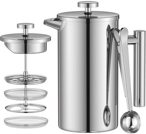 Enfmay Caffettiera French Press, French Press 1L, Acciaio Inox Caffettiera Francese con Filtro 4 Strati e Cucchiaio, Conservazione Calore e Isolamento, Uso Domestico, Viaggio e Campeggio, Argento