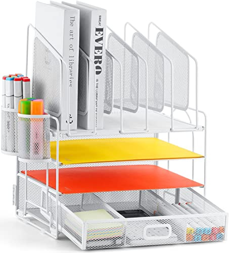Marbrasse Schreibtisch Organizer,4 Ebenen Papier Briefablage mit Schubladen,5 Vertikale Dokumentenablage AblagefäCher und 2 Stifthalter,Netz Schreibtisch Aufbewahrung für Zuhause Bürobedarf(Weiß)