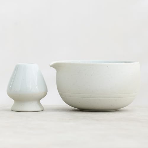 Ochcahser Matcha Set, Japanese Tea Set Includes Matcha Bowl with Spout, Matcha Whisk Holder (chasen), 15.2 oz Handcrafted Coarse Pottery Ceramic Matcha Kit for Matcha Lovers