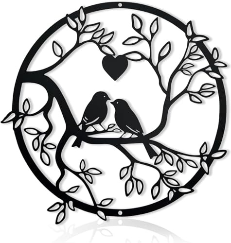 BGJJGT Black Metal Birds Wall Art, Garden Tree of Life Silhouette Decor | round Birds Branch iron artwork, 12in, fade resistant finish, with 4 hanging nails, for patio garden home wall