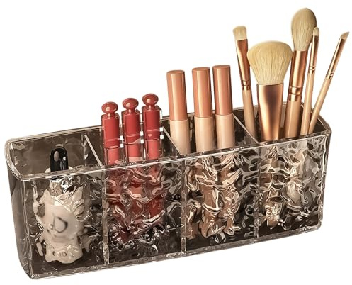 Terafeels Makeup Brush Holder 4 Slot Clear Acrylic Cosmetic Organiser for Eyeliners Lipstick Crystal Storage Box for Bathroom Bedroom Dress Table Vanities Office Desk Grey 6702