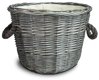 Wickerfield Wicker Log Basket for Wood Burner Indoor, Large Wicker Storage Basket with Rope Handle & Lining, Wood & Kindling Storage Baskets for Logs (Round, Dark Grey Wash)