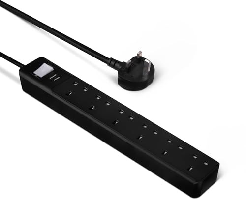 Amazon Basics 6-Way Power Strip with Surge Protection, Socket Strip Extension, Safety Flaps, 0.61m Cable, 6 Sockets, 600J, Black