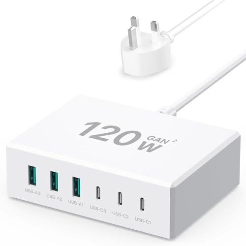 USB C Charger Block, 120W 6 Port Charging Station GaN, USB-C PD+QC USB Charging Hub, Multiport USB Charger for iPhone 16/15/14/13/Pro/Pro Max/Samsung/Google