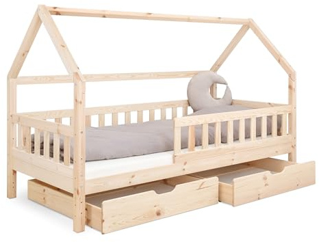 Ehrenkind® Hausbett Lille | Kinderbett mit abnehmbaren Rausfallschutz aus Massivholz FSC® zertifziert inkl. Schubladen | Hausbett 80x160 | Kinderbett 80x160 Natur