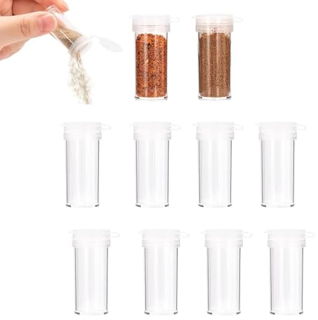 Litinliv Klein Salzstreuer Set, 10 Stück Mini Gewürzspenders mit Deckel, Leere Plastikgewürzdosen Flaschen Behälter, Tragebare Pfefferstreuer für Unterwegs, Camping, Lunchboxen (Transparent)
