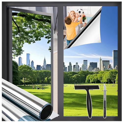 Zindoo Fensterfolie von Innen Durchsichtig von aussen Blickdicht Tageszeit, 90 x 200 cm UV-Schutz Sichtschutzfolie Selbstklebend Silber Thermofolie, Rückstandslose Sonnenschutz Folie