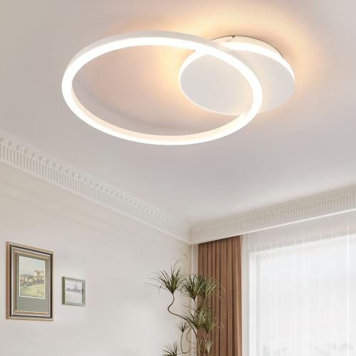 Homefire Deckenleuchte LED Deckenlampe Küche 24W 3000K Warmweiß | Küchenlampe Modern Design Wohnzimmerlampe 2-Ringen Flurlampe Schlafzimmer Weiß Metall Deckenleuchten für Wohnzimmer Esszimmer