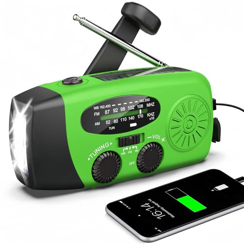 Tragbares Solarradio mit Wetter AM/FM/NOAA, Handkurbelgenerator, 2000mAh wiederaufladbare Powerbank, USB Ladegerät für Mobiltelefone, LED Taschenlampe, für Notfälle, Camping, Angel (Grün)