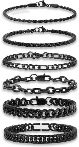 GUJOXILA 6 Stück Armband Herren Schwarz Edelstahl Armbänder Boss Jungs Kubanische Armband 19cm/21cm/23cm Kette Länge für Hip Hop Rapper Geschenke für Ehemann Papa Sohn