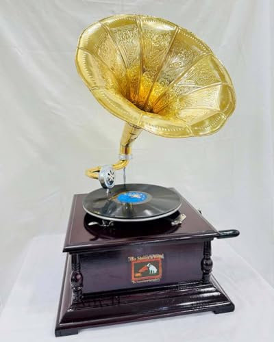 Antique-Looking Replica Gramophone Vintage Gramophone Record Player, Wooden Base with Floral Carvings, Gold Horn Speaker (Dark Brown Square Base Gramophone (75X32X37 CM))