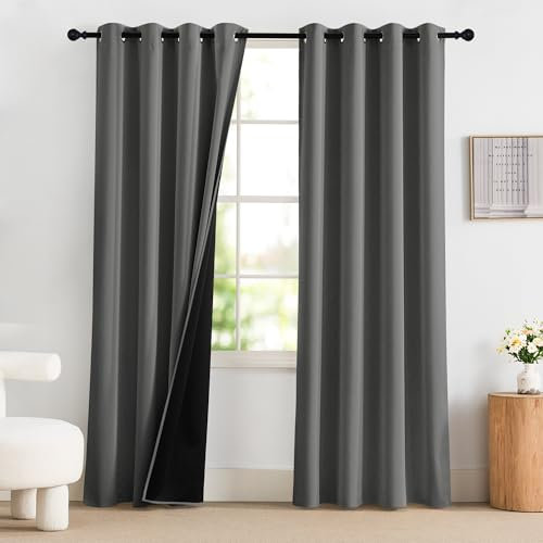 PONY DANCE Graue Blickdichte Vorhänge mit Ösen 2er Set H 220 x B 140 cm Thermovorhang Kälteschutz 100% Verdunkelnde Gardinen für Wohnzimmer/Schlafzimmer Black Out Curtains