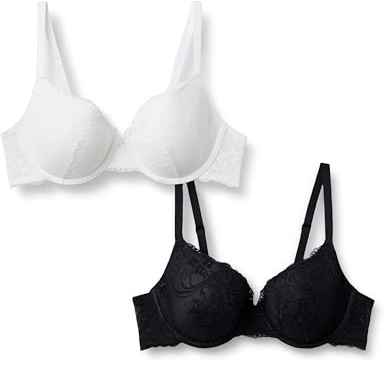 Amazon Essentials Sujetador con Relleno y Aros de Cobertura Total, Encaje Elástico Suave Mujer, Paquete de 2, Blanco/Negro, 85B