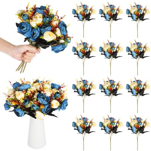 byepica Künstliche Rosensträuße, blaue Kamelien-Teerosen aus Seide, für Tischdekoration, Hochzeit und Heimdekoration, 12 Stück