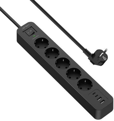 JSVER Regleta USB Proteccion Sobretension con 5 Toma de Corriente y 4 USB Puertos(5V3,4A) USB Estación de Carga Inteligente USB Tomas Alargadora con Cable 2m-Negro