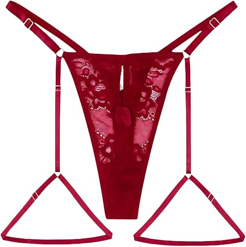 ROSVAJFY Perizoma Sexy Sottile Donna G String Tanga Pizzo Regolabile Gamba Passanti Perizoma Donna Sexy Lingerie Non Rimovibile Giarrettiera String con Fodera 4 Colori (Rosso Vino)