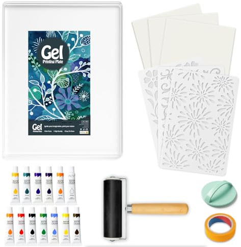 INNOVAYOU 8 * 10inch Gel Plate Kit, Set con Stampa in Gel, Rullo in Gomma, Acquerelli, Stencil, Carta da Stampa, Rulli e Baren, Adatto per la Creazione di Biglietti, Scrapbooking, Diario
