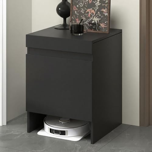 Armario con soporte para aspiradora de robot negro, mesa auxiliar oculta y mesita de noche para el hogar, almacenamiento de barrenda, fácil cambio de agua y elegante solución de muebles