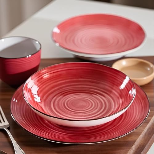 Maison Sucrée Servizio Piatti 18 Pezzi in Porcellana Colorata – Piatto Piano Fondo e Dessert – Lavabili in Lavastoviglie e Adatti al Microonde (Rosso)