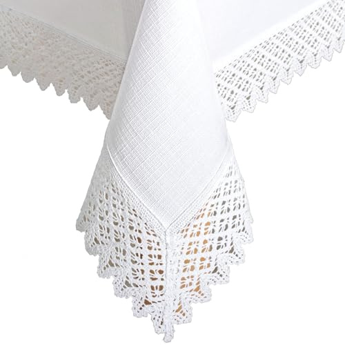invitta Tischdecke mit Spitze 120x160 cm Weiß in Leinenoptik mit 7cm Baumwollspitze - Baumwolle Polyester 230g/m² Schwere Qualität, Fleckschutz mit Lotuseffekt, Elegante Tischwäsche