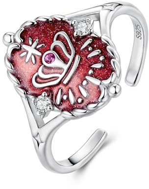 ZUOHUI S925 Sterling Silver justerbar kronring for kvinnor, stapelbar ring med öppen ände, tarotinspirerade smycken med antik finish for dagligt bruk, present till henne(Röd)