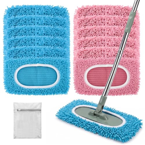 Solyxis Lote de 12 Paños Compatibles con Swiffer Mopa Paños Húmedos | Reutilizables Lavables Tela Chenilla Suave, Limpieza en Seco y Húmedo para Pisos Duros, Bolsa de Lavado Incluida, Rosa + Azul