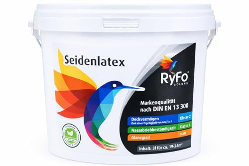 RyFo Colors Seidenlatex Weiß 3l – Latexfarbe Innen, abwaschbare Wandfarbe, Nassabriebklasse 1, seidenmatt, scheuerbeständig für Küche, Flur & Treppenhaus