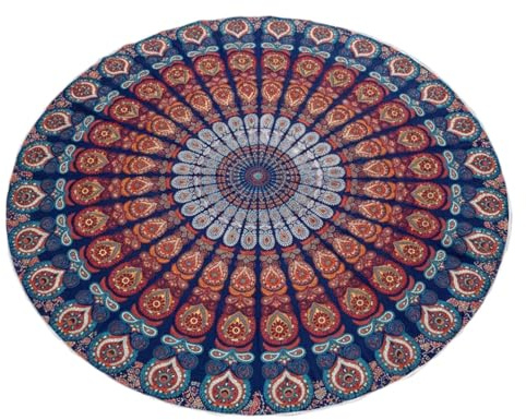 GURU SHOP Rundes Mandala Tuch, Tagesdecke, Picknickdecke, blau/orange | 100 % Baumwolle, vielseitig einsetzbar, traditioneller Druck, handgefertigt, ideal für Strand, Yoga und als zierendes Plaid