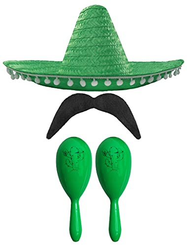 Mexikanisches Kostümzubehör-Set – mexikanischer Sombrero mit Maracas und Fase – perfekt für mexikanische Kostüme, Senorita, Bandit, Mariachi, Kostüm, Grün Pompon, Sombrero + 2 x grüne Maracas