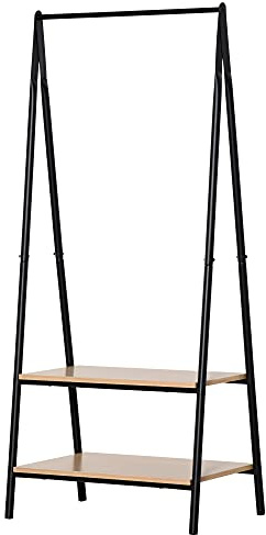 HOMCOM Gaderobenständer Kleiderständer Kleiderstange mit Schuhablage Wäscheständer Metall + Holz Schwarz + Natur 64 x 42,5 x 149 cm