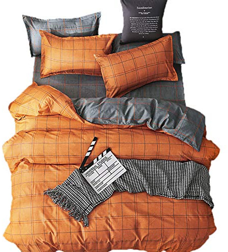 Loussiesd Check Duvet Cover Set King Bedding Set with Pillow Shames, Reversible Orange and Grey Bedding sets with Zipper Closure, Plaid Bedding &Linen Soft Microfiber