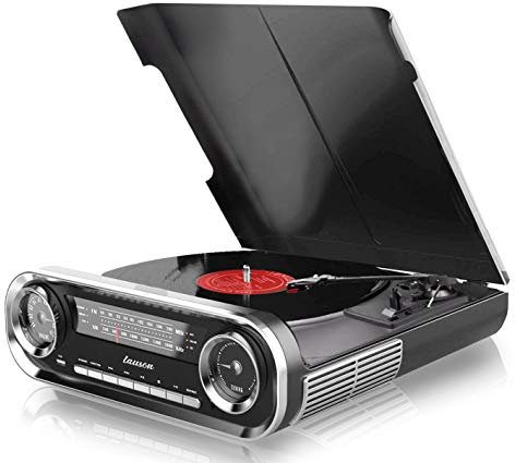 Lauson 01TT16 Platine Vinyle Vintage Design Car Collection Haut-Parleurs Intégrés | Tourne Disque Vinile Bluetooth | Radio FM | USB AUX | Lecteur Vinyle 3 Vitesses 33, 45, 78 RPM (Noir)