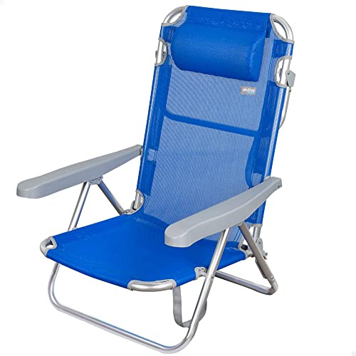 Aktive 62608 - Silla de playa plegable con cojín, color azul, 48x45,5x84 cm, reclinable, 5 posiciones, asa de transporte, peso máx 100 kg, resistente