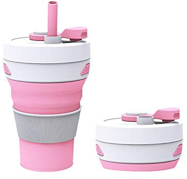 WANGLXST Faltbarer Becher Kaffeebecher, Wiederverwendbarer Faltbarer Tasse aus Silikon, Strohhalm aus Silikon, für Camping Wandern Outdoor-Pendler, A