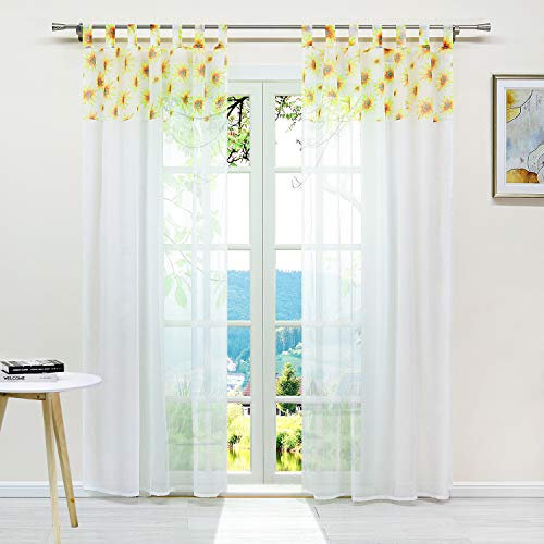 ESLIR Gardinen mit Schlaufen Gardinenschal Voile Transparent Schlaufenschal Modern Vorhänge mit Sonnenblumen Muster 1 Stück Gelb BxH 140x145cm 1 Stück